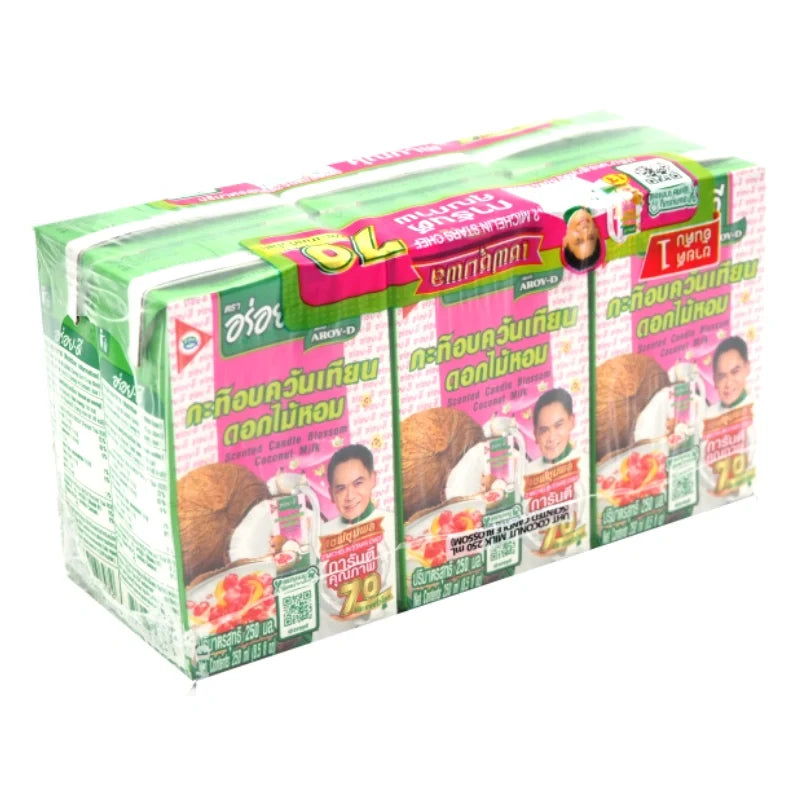 Aroy-D Coconut Fragrant 250ml bottle, dry grocery product, close-up of the packaging with coconut flavor details.