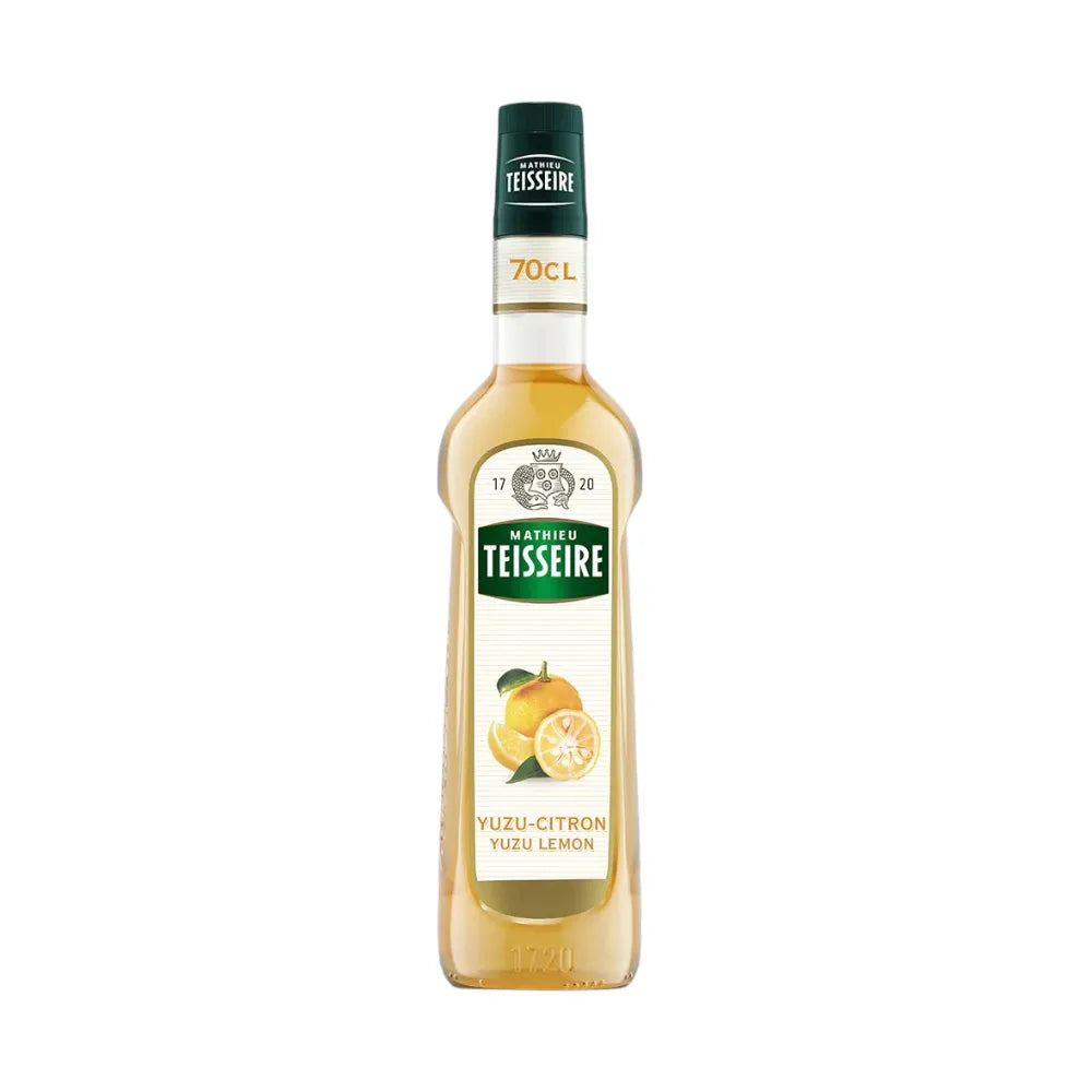 Mathieu Teisseire Yuzu Syrup 700ml bottle, used for beverages and cooking, with yellow yuzu fruit on the label.