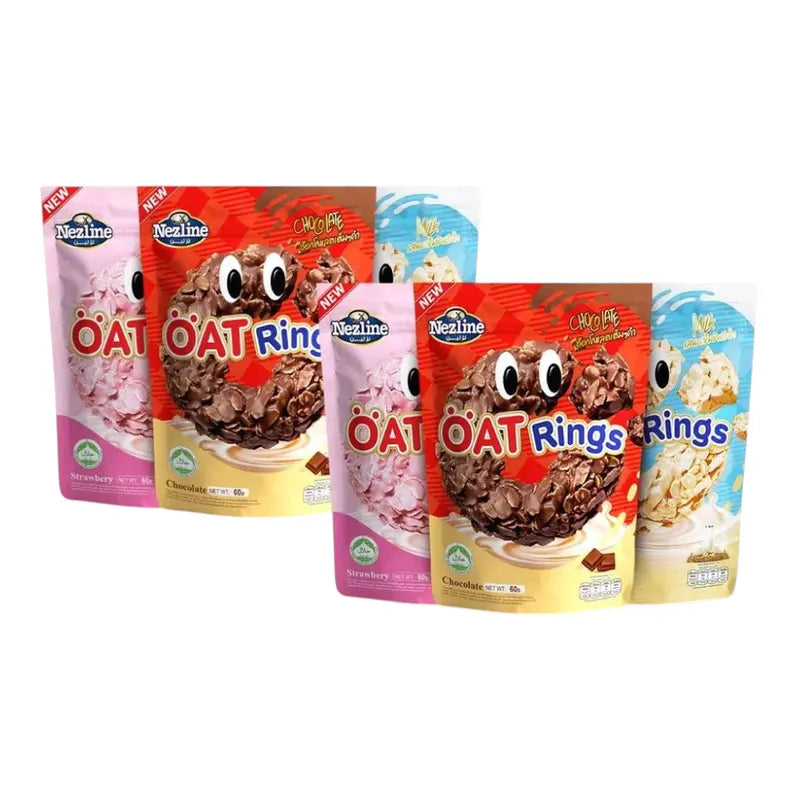 Nezline Oat Rings in assorted snack flavors, 60g, showing colorful oat ring candies in a clear bowl.