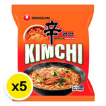 Nongshim Shin Ramyun spicy kimchi flavored instant noodles in 120g dry grocery package, with vibrant red packaging and noodles.
