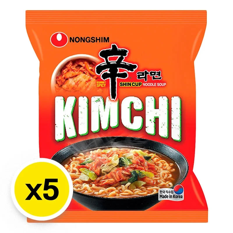 Nongshim Shin Ramyun spicy kimchi flavored instant noodles in 120g dry grocery package, with vibrant red packaging and noodles.
