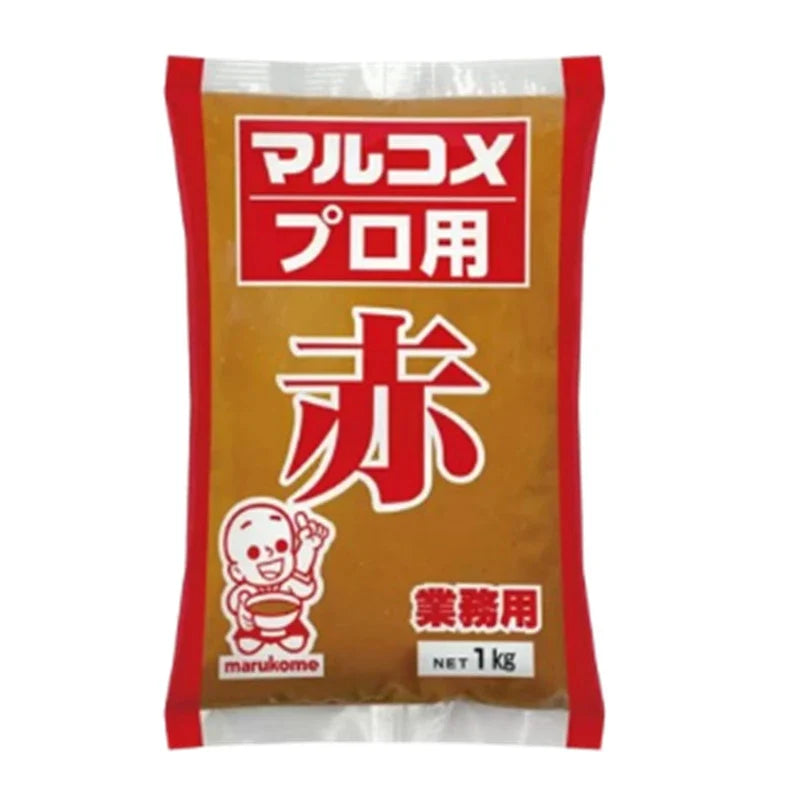 Marukome Aka Miso made with soybeans in dry grocery packaging, featuring a traditional Japanese miso paste container.