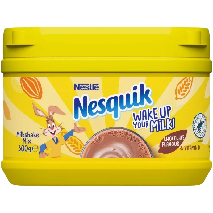 Nestle Nesquik chocolate powder for drinks, featuring a colorful container with a smiling bunny mascot and chocolate powder inside.