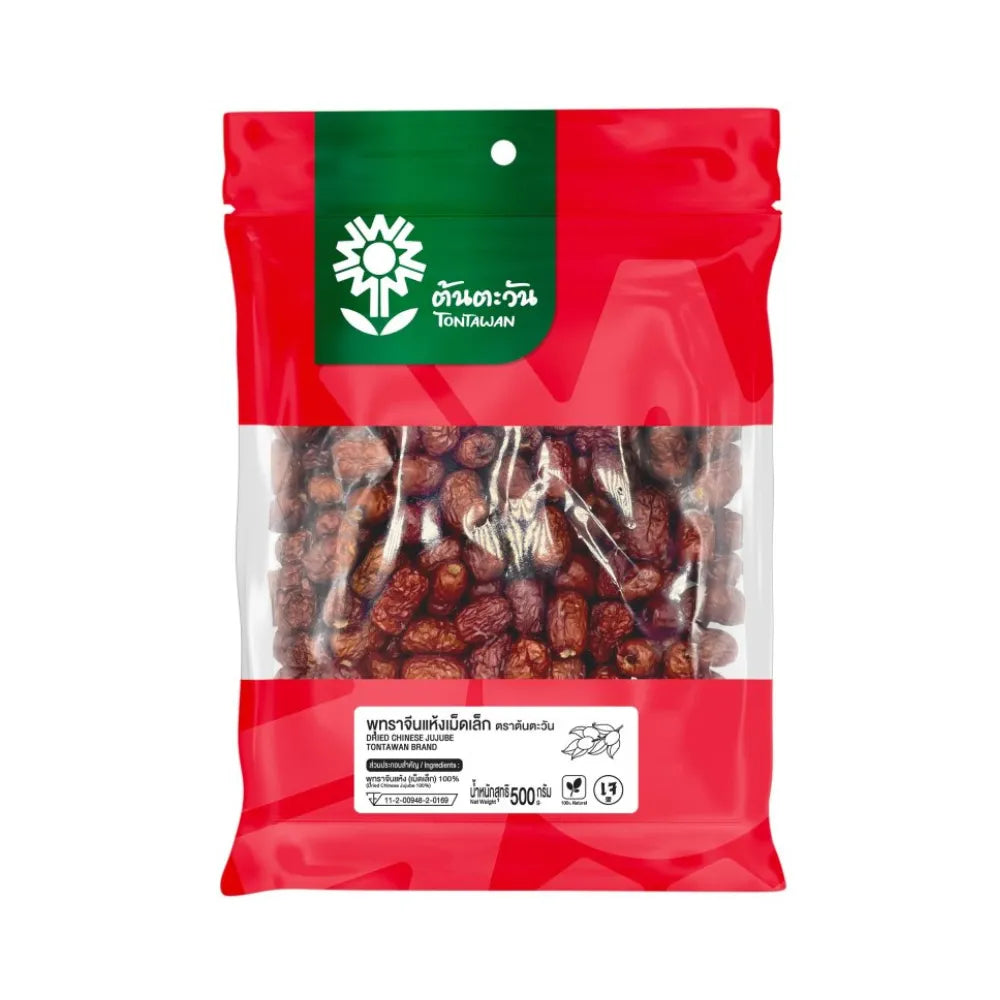 Small dried Chinese jujube from TONTAWAN, 500g pack, shown in a clear image highlighting the dried fruit's texture.