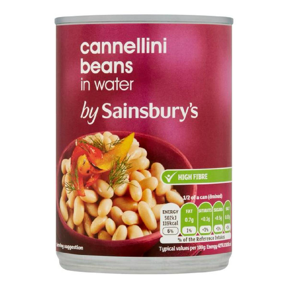 Sainsbury's Cannellini Beans in water, canned grocery product showing white beans in a can with label and brand logo.