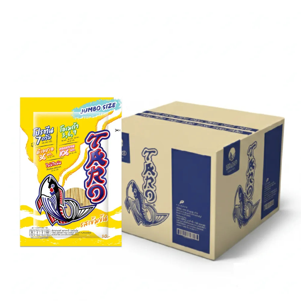 Taro spicy fish snack in 30g packs, crispy dry snack from TARO, with visible spicy seasoning on fish-shaped snacks.