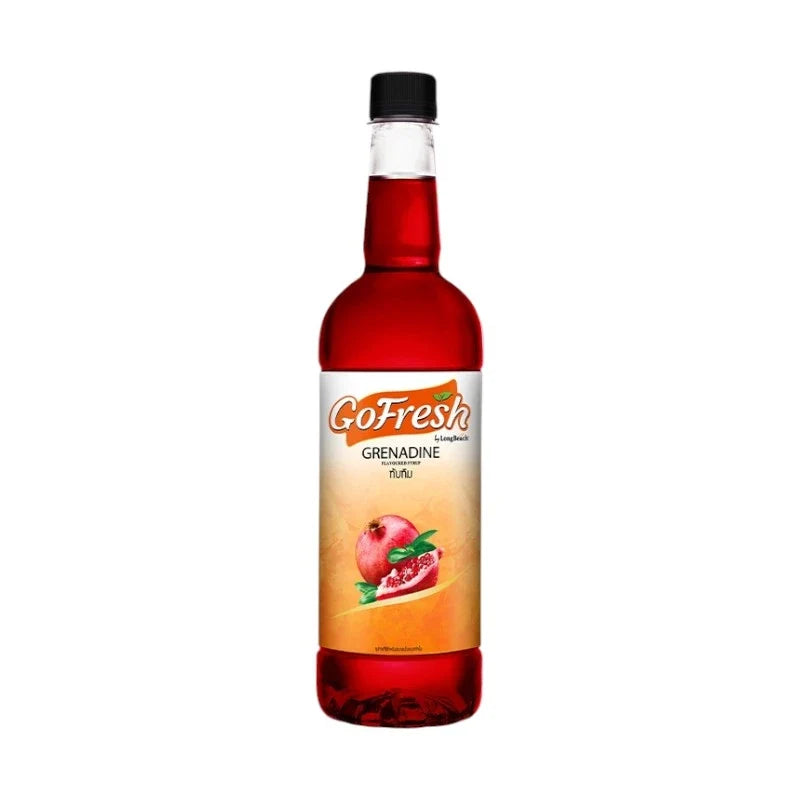LongBeach GoFresh Grenadine Syrup bottle in dry grocery section, clear view of label and packaging.