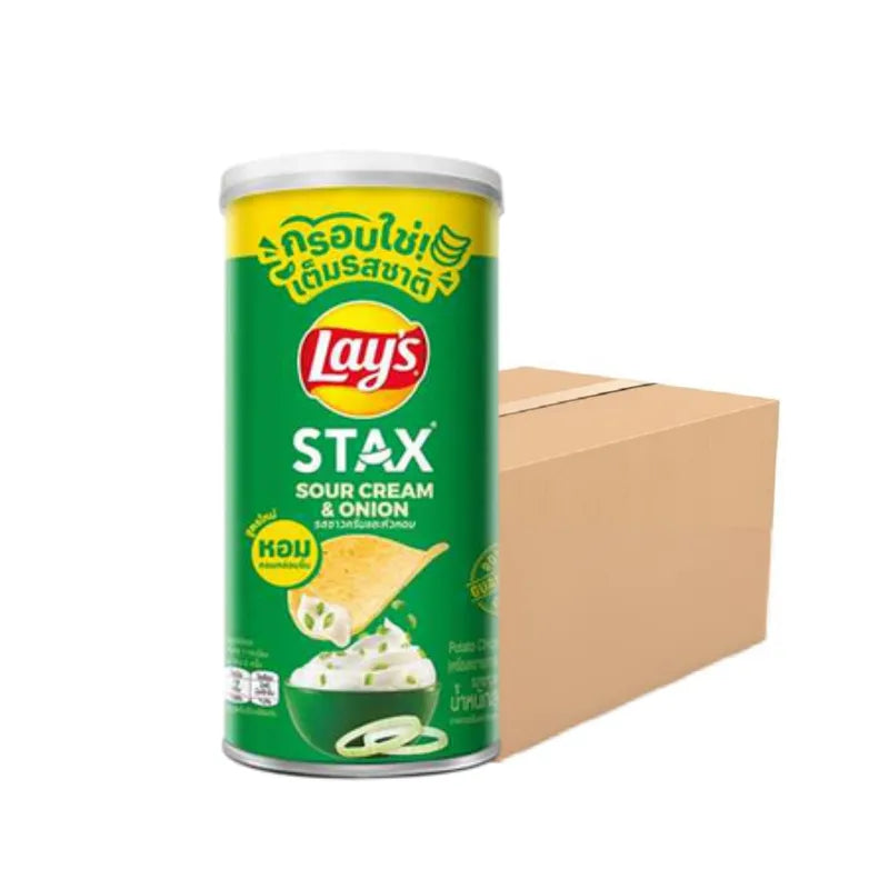 LAYS STAX Sour Cream & Onion snack pack, 65g, showing crispy potato chip stacks with sour cream and onion flavor.