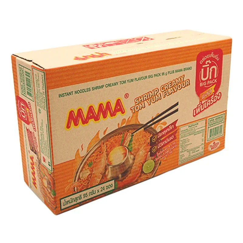 Mama Big Pack Instant Noodles Creamy Shrimp Tom Yum, 95g x24, dry grocery product with flavorful shrimp and spicy tom yum broth.