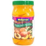 Canned Mcgarrett sliced peaches in syrup, ready to eat, with peaches in sweet syrup visible in the can.