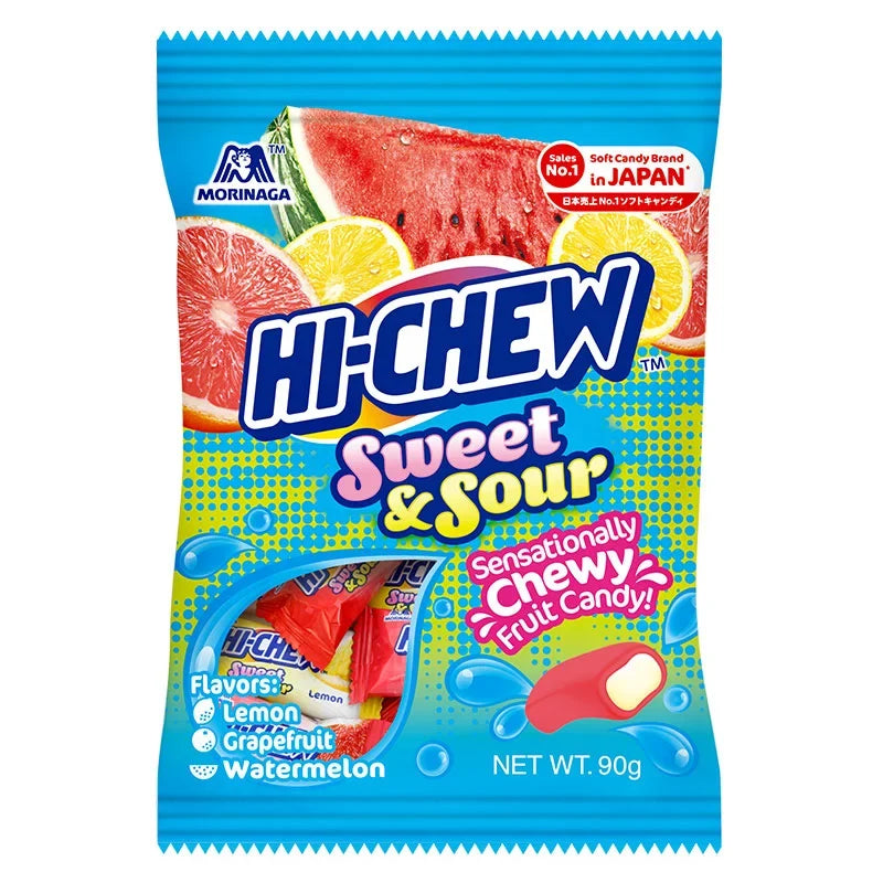 Morinaga Hi-Chew Sweet & Sour 90g chewy fruit candies in colorful packaging, a popular snack confectionery.