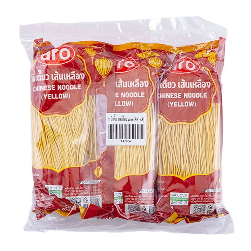 Dry grocery ARO Yellow Noodles 350g package, showing the vibrant yellow noodles ready for cooking.