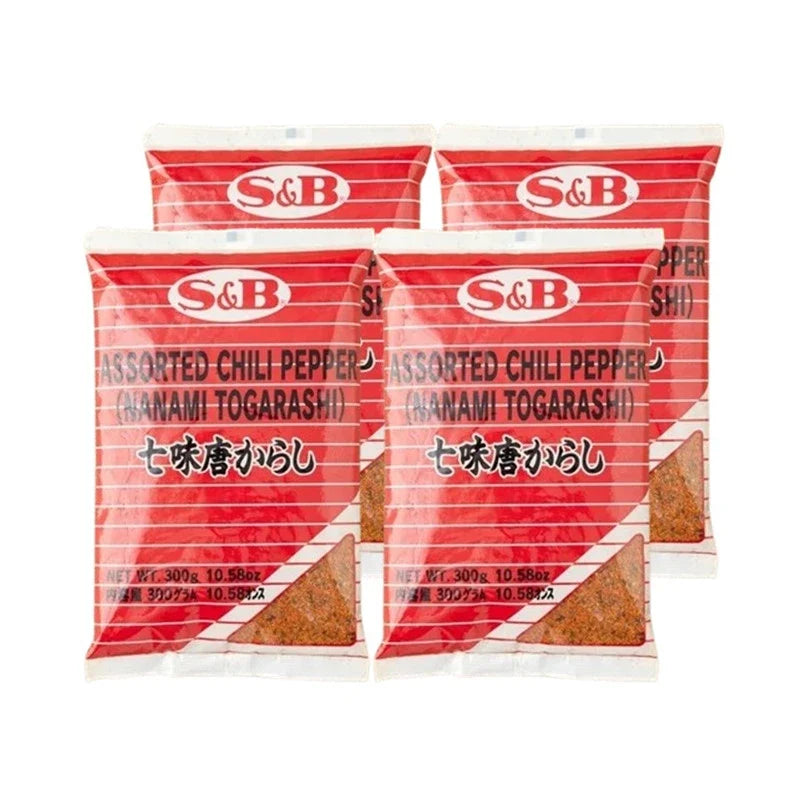 S & B Marco Polo Shichimi Togarashi assorted chili pepper powder in a small jar, dry grocery spicy seasoning and spice blend