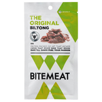 Canterbury Biltong Bitemeat Original confectionery snack featuring slices of seasoned biltong beef on a wooden board.