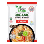 Perfect Earth Organic Tom Yum Instant Noodles in a bowl with vegetables, showcasing the ready-to-eat grocery product.