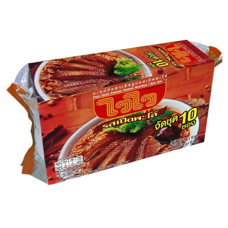 WAIWAI Duck Soy Sauce Flavor Instant Noodles in 60g package, dry grocery product with cooked noodles and soy sauce seasoning.