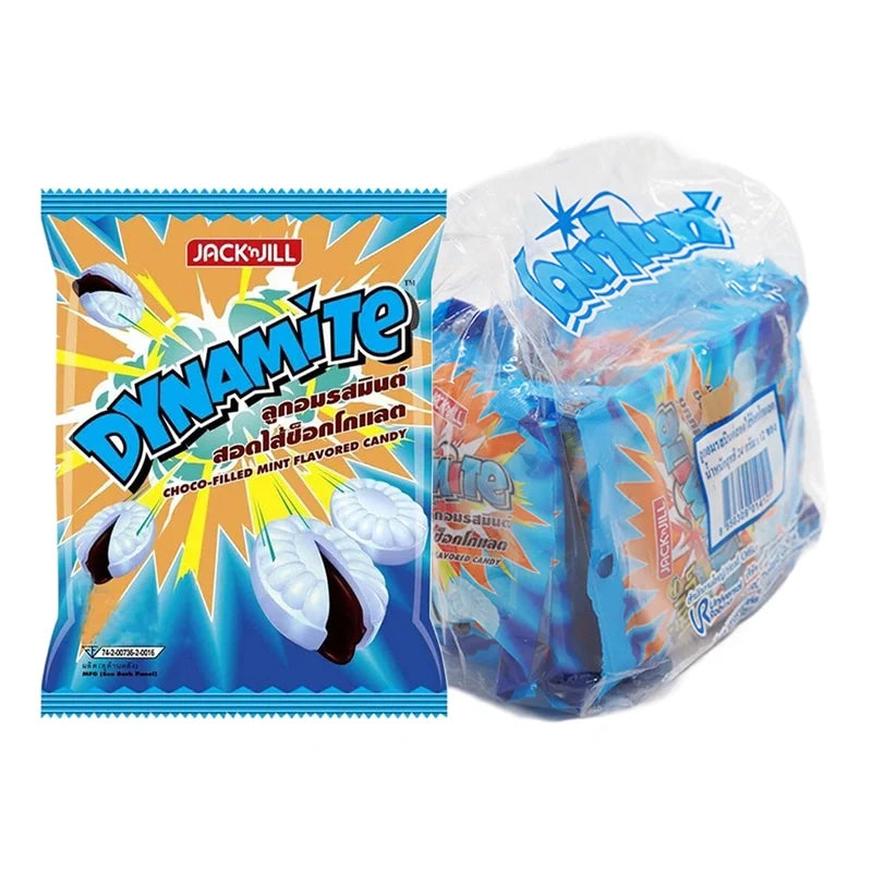 DYNAMITE chocolate-filled mint candies in 30g packs, 12-pack box, dry grocery snacks confectionery, mint and chocolate flavor