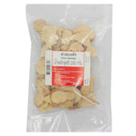 Dried galangal slices in a clear container, packaged by MAKRO, for use in Asian cooking and dry grocery recipes.