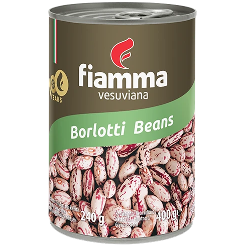 Fiamma Vesuviana Borlotti beans in a bowl, showcasing their red and white speckled appearance, ready for cooking or serving.
