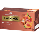 Twinings Peach Tea drink in a clear glass, showcasing a golden-colored peach-flavored tea beverage with a fresh peach slice garnish.