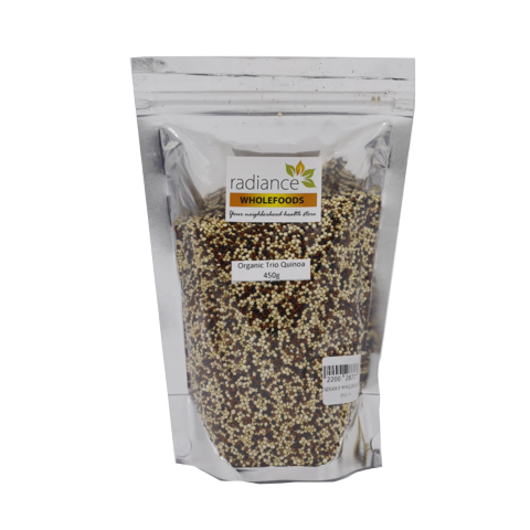 Organic white quinoa snack from Radiance Wholefoods, showing a close-up of the crispy, toasted quinoa pieces in a clear bowl.