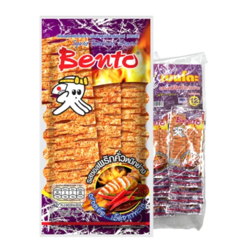 BENTO spicy grilled squid seafood snack in 4g packs, dry grocery snack with seasoned, dried squid pieces in a colorful package.