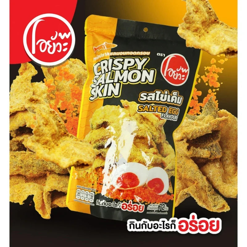 O-yua Crispy fried salmon skin snack with salted egg flavor in 72g package, showcasing golden, crunchy fish skin pieces.