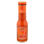 Bottle of Roza Chilli Sauce from the grocery aisle, showing the product label and red chili sauce inside the transparent bottle.
