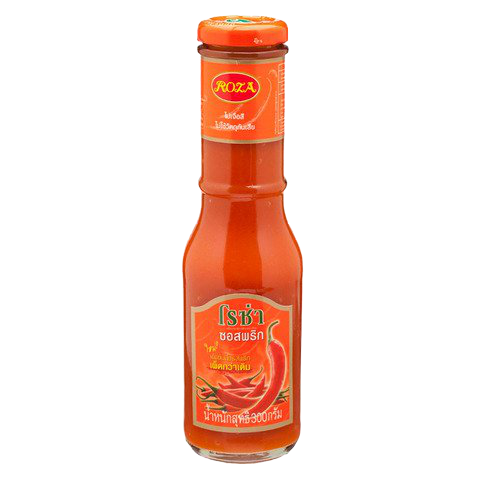 Bottle of Roza Chilli Sauce from the grocery aisle, showing the product label and red chili sauce inside the transparent bottle.