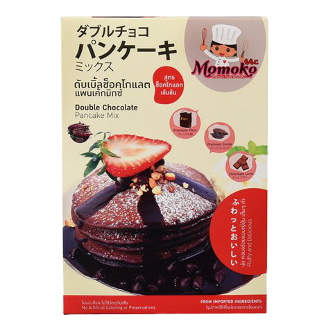 Momoko Double Chocolate Pancake Mix package, grocery product with chocolate-flavored pancake mix in a colorful box image.