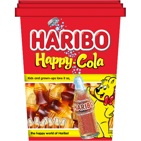 Haribo Happy Cola confectionery snacks featuring colorful cola-shaped gummy candies in bright packaging