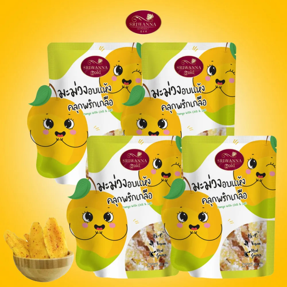 Sriwanna Gold dried mango with chili and salt, 40g x4, in clear packaging, showcasing vibrant dried mango pieces with chili flakes.