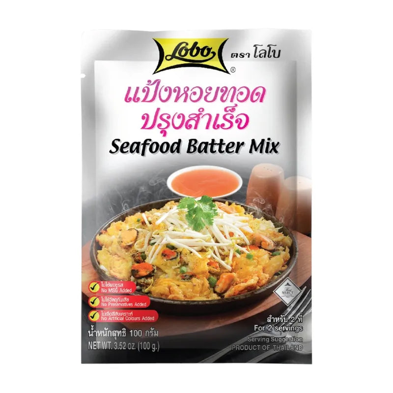 Lobo Ready-made Fried Oyster Flour 100g in a resealable package, dry grocery product for cooking and frying, close-up view.