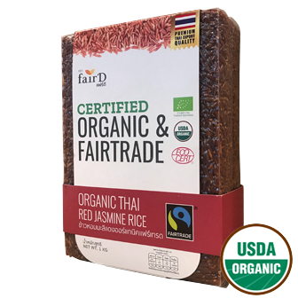 Fair D Organic Fairtrade Red Rice in a grocery package, showing the colorful rice grains on a white background.