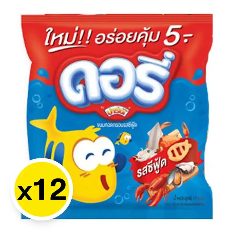 Party Dory Extrude Seafood snack, 17g packs, crispy dry grocery snack with seafood flavor from PARTY brand.