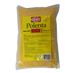 Lowan Polenta in a package, uncooked yellow cornmeal for cooking and baking, on a grocery store shelf.