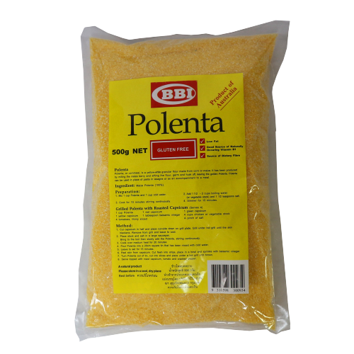 Lowan Polenta in a package, uncooked yellow cornmeal for cooking and baking, on a grocery store shelf.