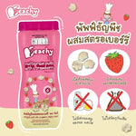 Peachy Cereal Puff Snacks mixed with strawberries, dry grocery snack in a colorful bowl, featuring peach and strawberry flavors.