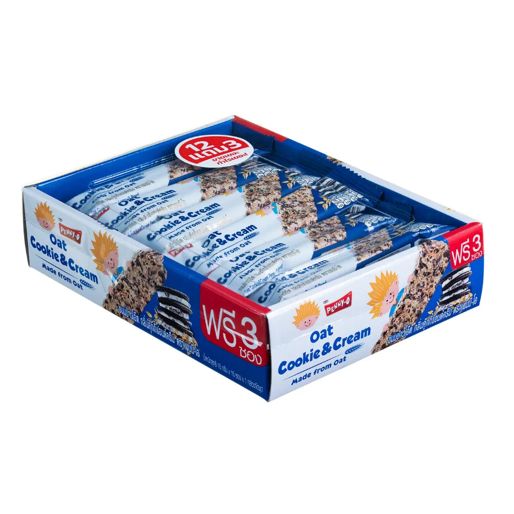 Pennyo Oatmeal Snacks in chocolate flavor, 15g milk cookie and cream confectionery, dry grocery snack image showing packaging.