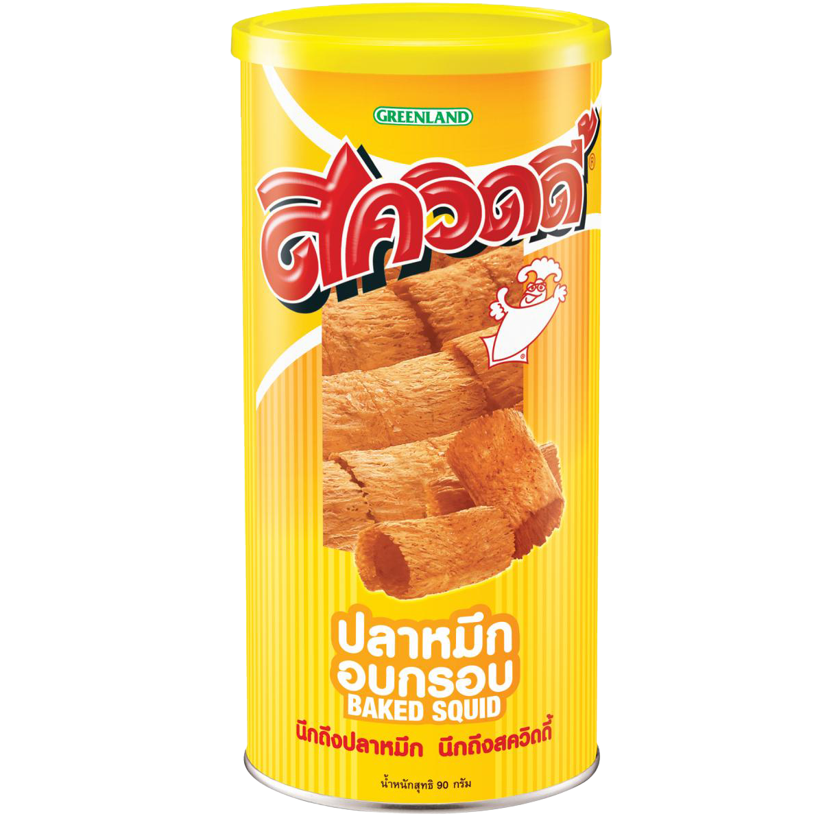 Crunchy Squidy Crispy Squid snack in a clear package, showing golden fried squid pieces perfect for savory confectionery treats.