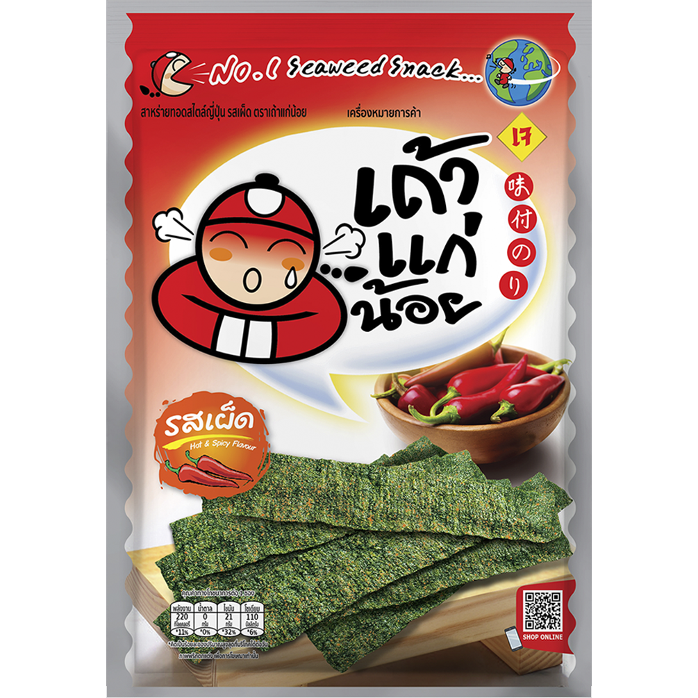 Spicy Taokaenoi Fried Seaweed Snack in packaging, showing crispy, seasoned seaweed pieces from the Taokaenoi brand.