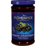 Movenpick Gourmet Breakfast Blackcurrant jar with blackcurrant spread inside, showcasing the rich, dark fruit spread in a glass jar.