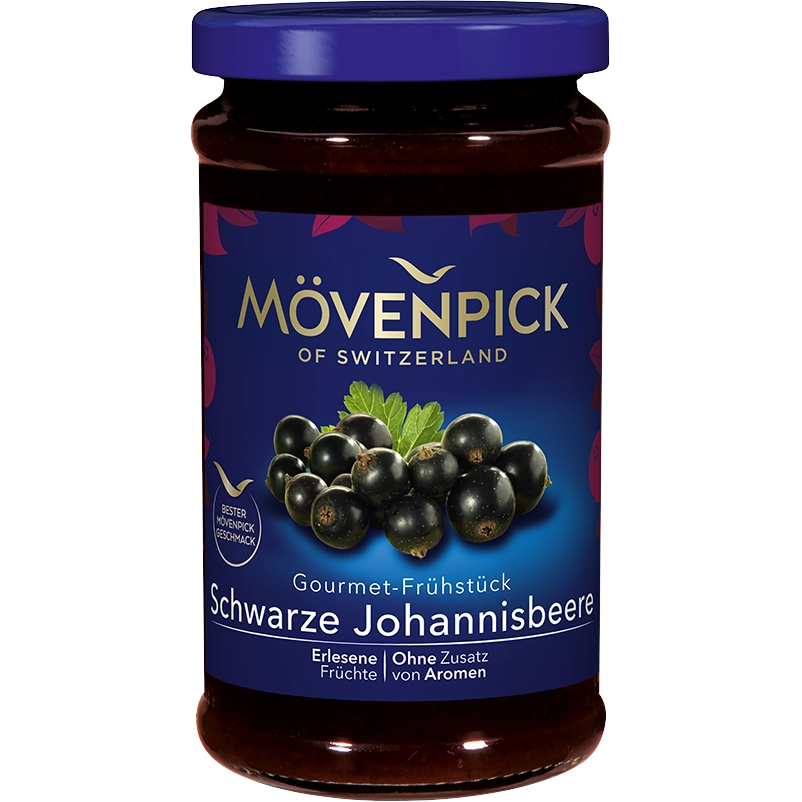 Movenpick Gourmet Breakfast Blackcurrant jar with blackcurrant spread inside, showcasing the rich, dark fruit spread in a glass jar.