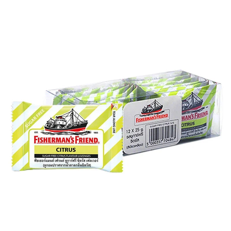 Fisherman's Friend Sugar-Free Citrus Lozenge in bright packaging, featuring fresh citrus fruit illustrations and the brand logo.