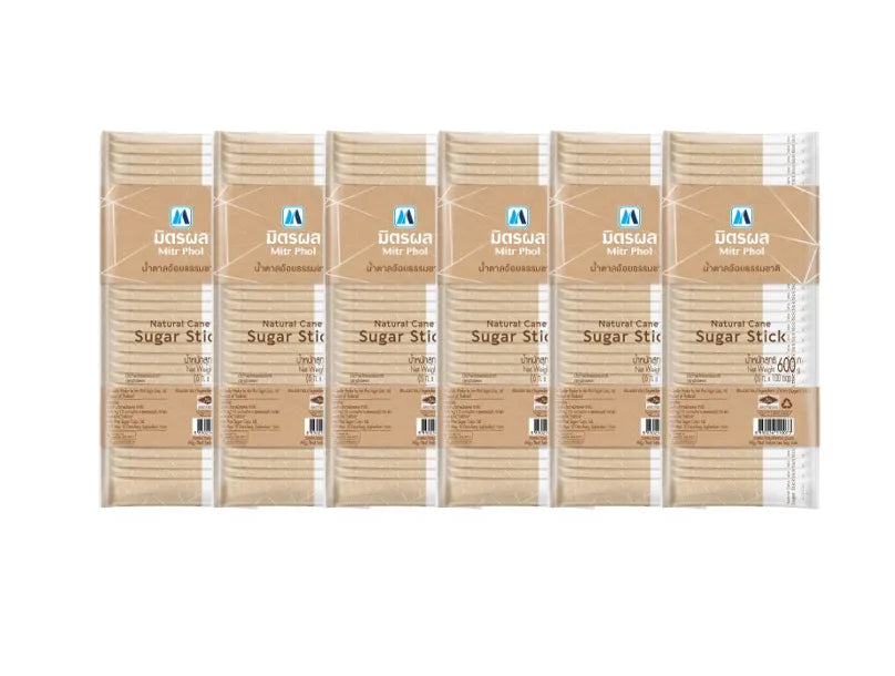 Mitrphol Sugar Stick Natural Cane 6g, six-pack, dry grocery product with individual sugar sticks in clear packaging.