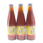 Sriraja Panich Chili Sauce 570g, three bottles, Thai dry grocery product with red chili sauce in clear bottles