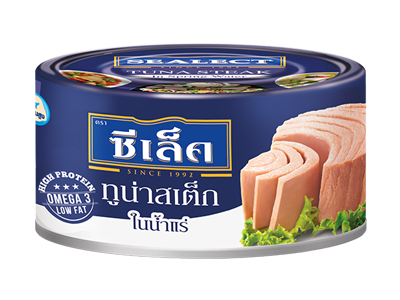 Canned Sealect Tuna Steak in spring water, showing the label and open can with tuna steaks inside.