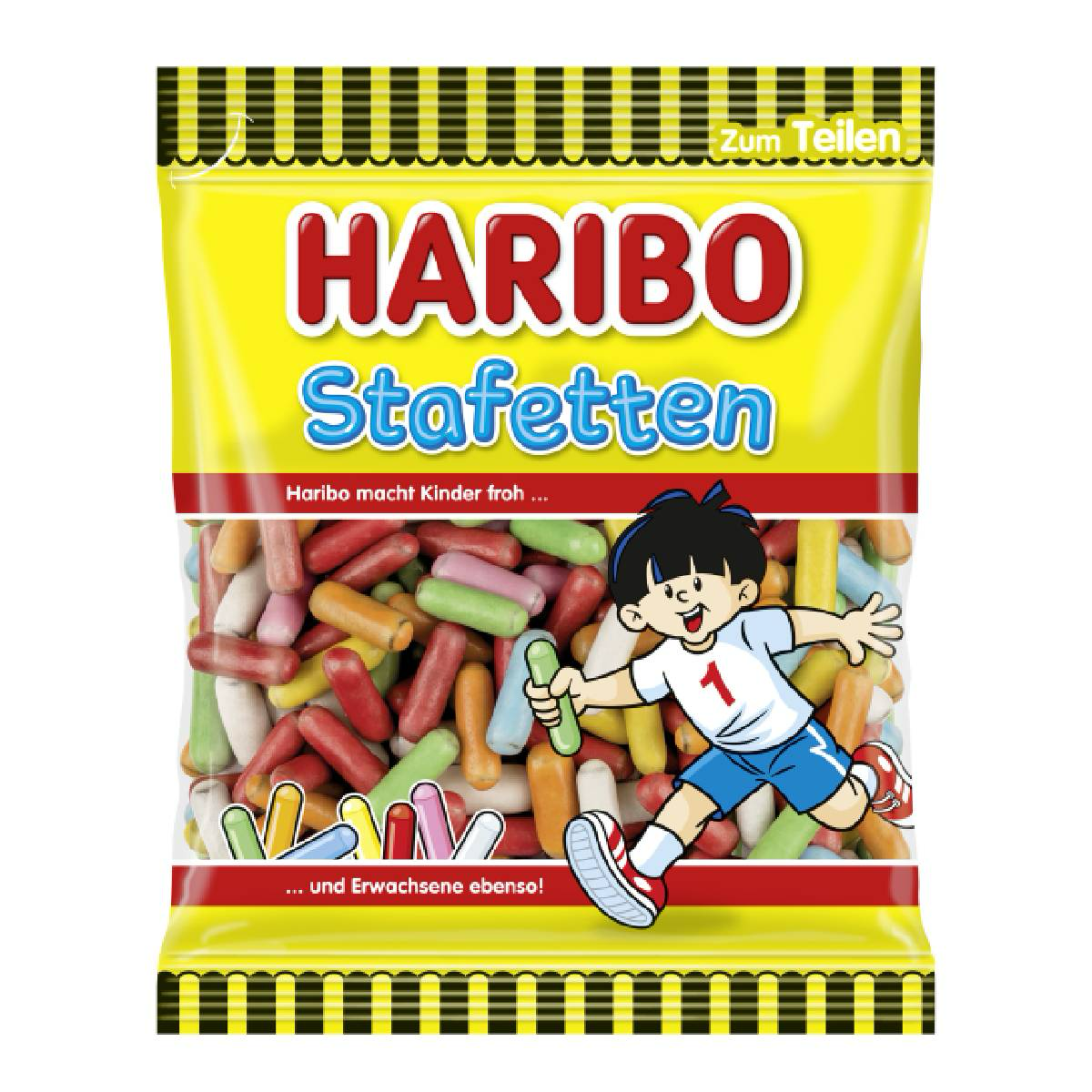 Haribo Stafetten confectionery snacks featuring colorful, fruit-flavored gummy candies arranged in a playful display.