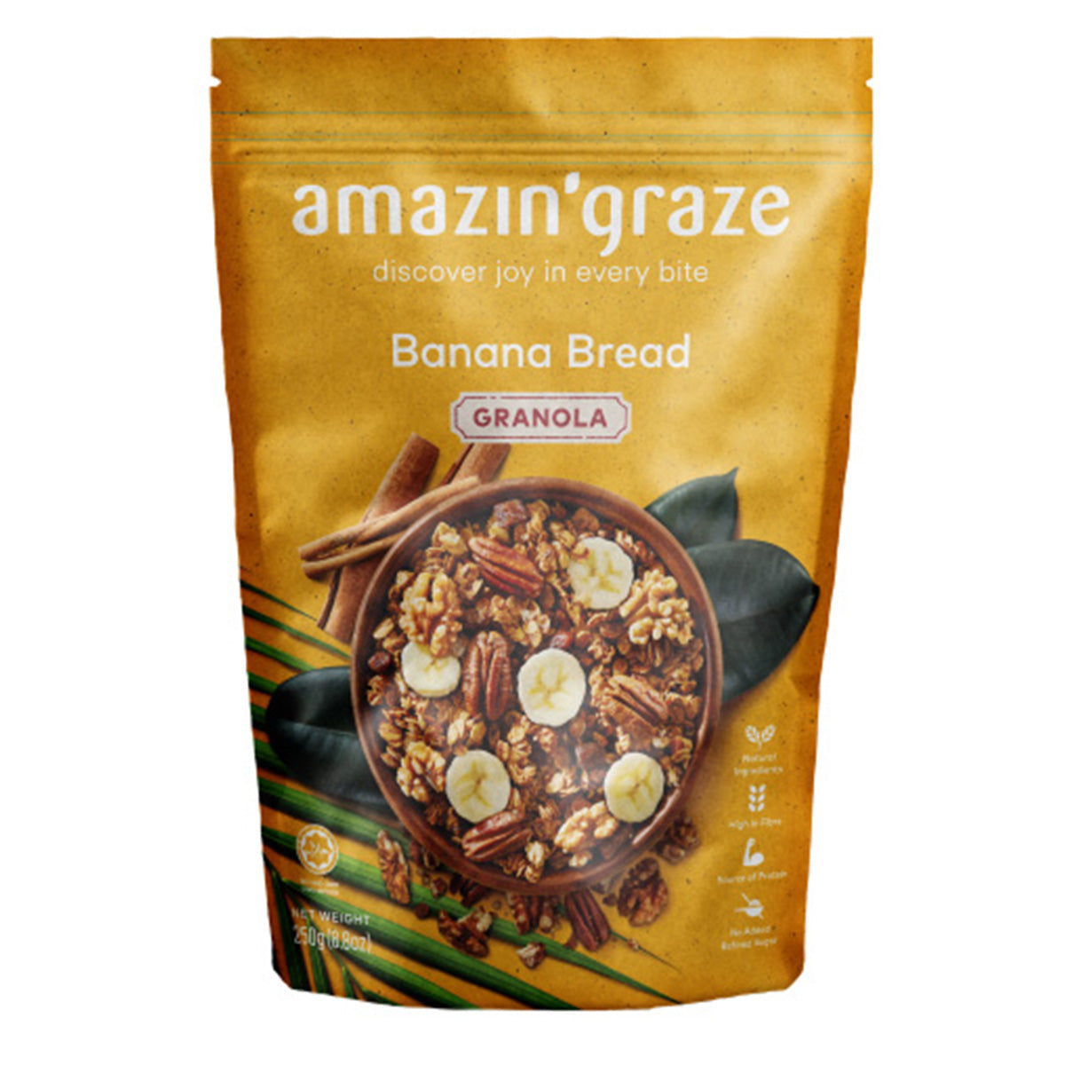 Amazin���graze Banana Bread Granola in a bowl, showing golden clusters with banana slices and nuts, ready to enjoy as breakfast.