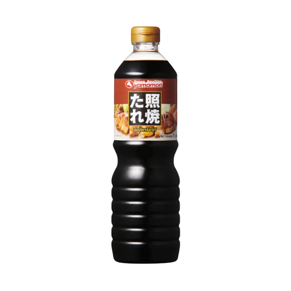 Yamamori Teriyaki Sauce 1L bottle, Japanese-style dry grocery product with a dark, glossy sauce bottle and label visible.